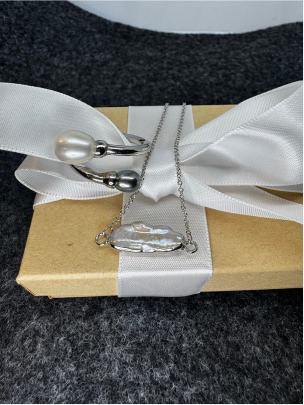 Natural White & Black Pearl Ring and Baroque Pearl Bracelet